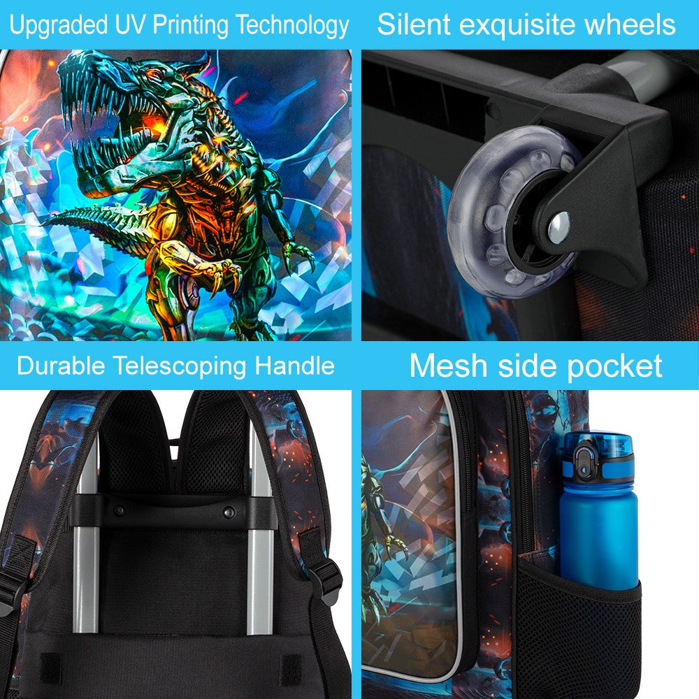 Mochila de rodinha 3 peças para meninos, mochila escolar de dinossauro com rodinhas, conjunto de malas escolares para crianças pequenas