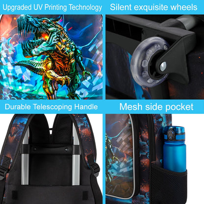 Mochila de rodinha 3 peças para meninos, mochila escolar de dinossauro com rodinhas, conjunto de malas escolares para crianças pequenas