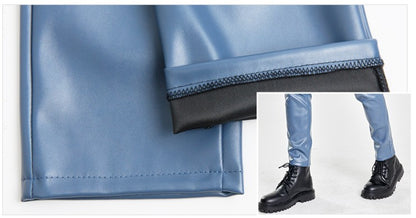 New Men Solid Color Slim Fit Faux Leather Pants Green / White / Black Homme Bar KTV High Street Biker Trousers