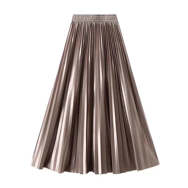 High Waist Satin Pleated Skirt 1 Meter Long Floor Length Pearl Glitter A- Line Umbrella Half Body Skirts Polyester Fiber