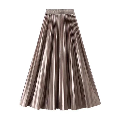 High Waist Satin Pleated Skirt 1 Meter Long Floor Length Pearl Glitter A- Line Umbrella Half Body Skirts Polyester Fiber