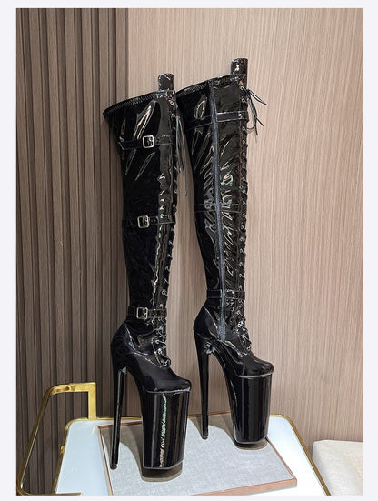 26cm Super High Heel Thigh High Boots Sexy Women Shoes Pole Dance Stripper Shoes Platform Over-the-Knee Zip Crotch High Boots