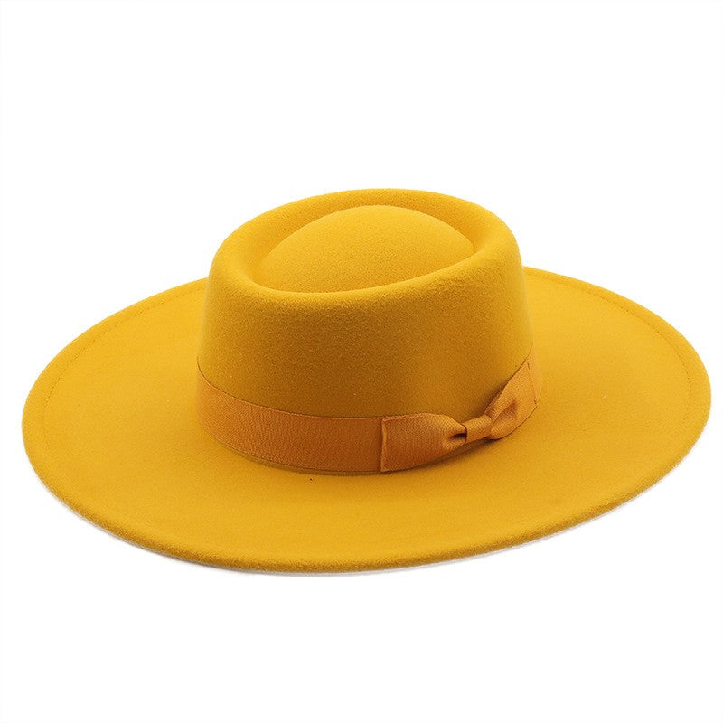 Chapéu Fedora Feminino De Lã Feltro Preto Liso Com Aba Larga De 9,5 Cm E Topo Reto, Com Laço, Vintage, Igreja, Casamento, Panamá