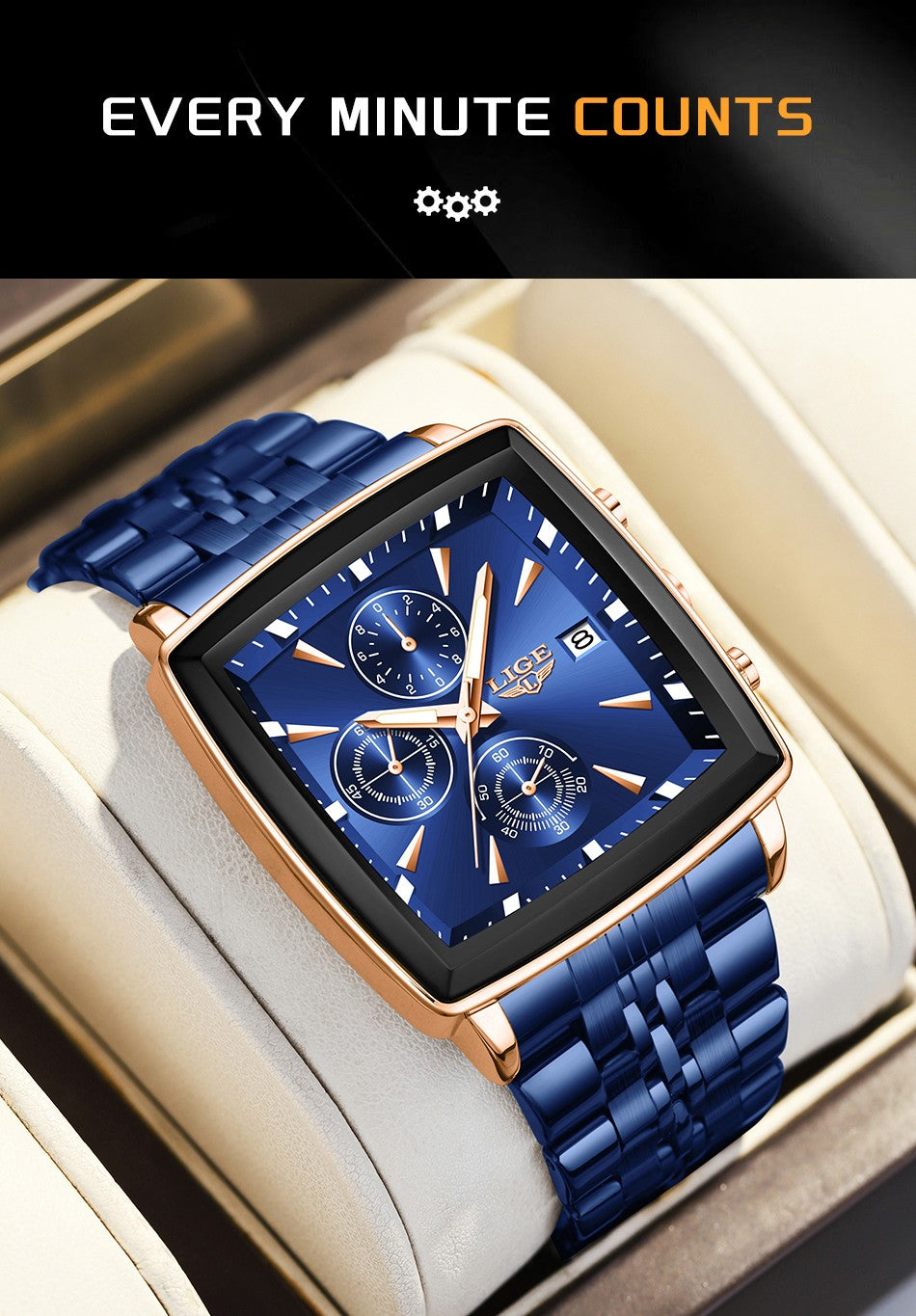 LIGE Top Brand Luxury Mens Watches Fashion Military Square Chronograph Quartz Wristwatches For Men Sports Waterproof Watch Men