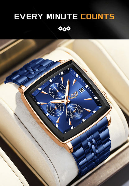 LIGE Top Brand Luxury Mens Watches Fashion Military Square Chronograph Quartz Wristwatches For Men Sports Waterproof Watch Men