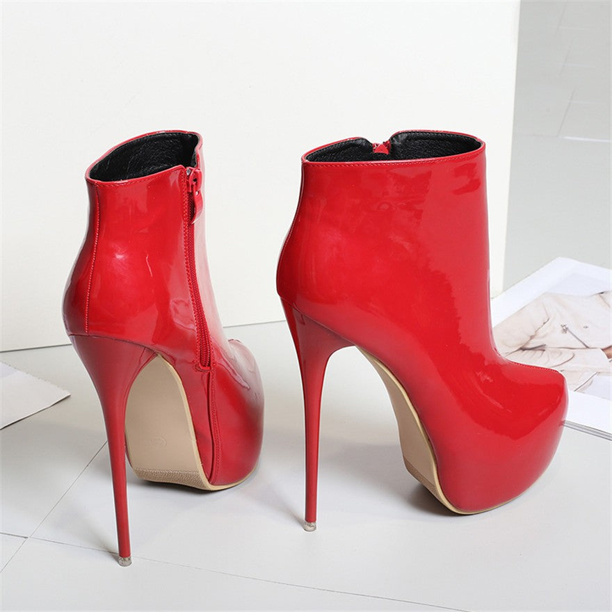 Big Size 35-47 Patent Leather Women Boots Round Toe Side Zipper Super High Heels 16CM Pumps 2025 Sexy Platform Party Shoes Woman