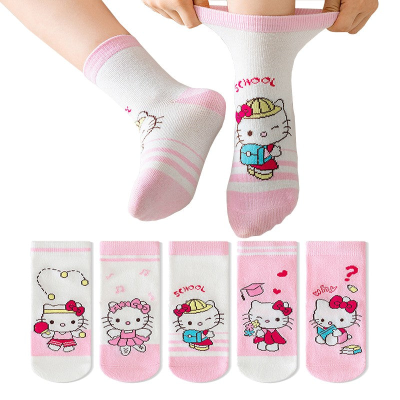 5 pares de meias de algodão de cano médio Kawaii Sanrio Cinnamoroll Kuromi para meninas e meninos, meias de algodão de cano médio de desenho animado para primavera e outono