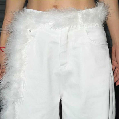 Jeans Pants Decor Embroidered Flower Lace Mini Skirt Irregular See Through Ruched Skirts High Waist Harajuku Pleated Skirts