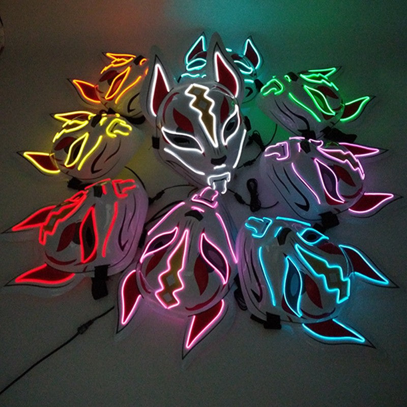 LED Fox Mask Neon Light Up Japanese Kitsune Mask for Halloween Cosplay Party Rave Festival Costume Glowing EL Wire Masque