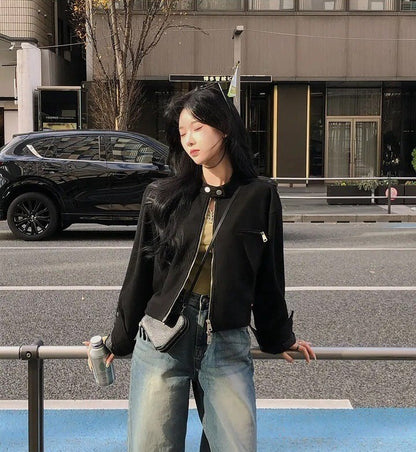 Retro American Coffee Brown Copper Zipper Button Short Jacket 2025 Autumn Trendy PU Leather Jacket Versatile for Dynamic Women