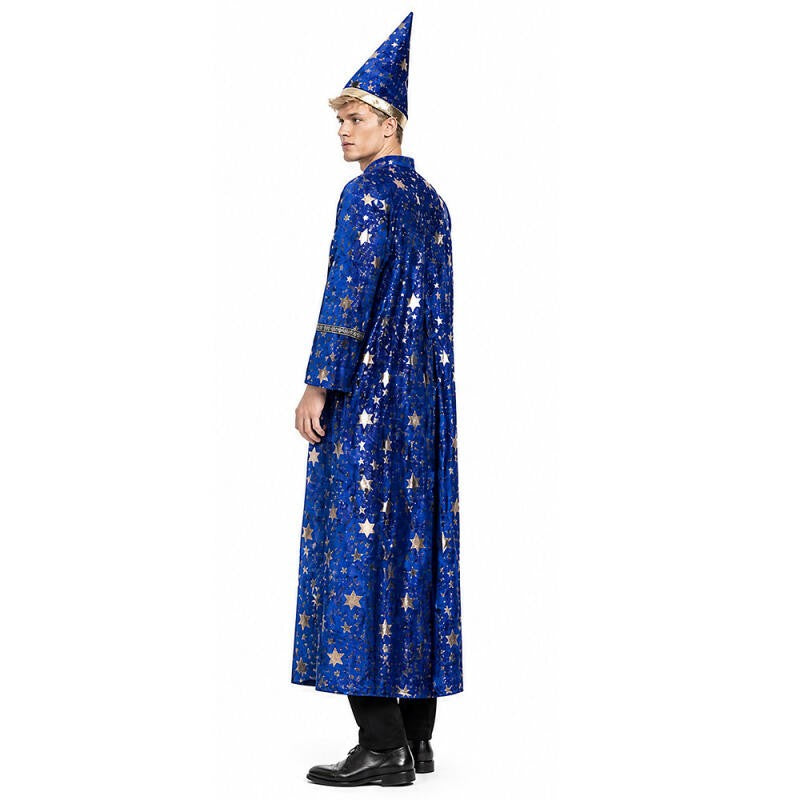 Halloween Wizard Costume Velvet Long Robe Blue Gold Star Print Cloak With Pointed Hat Adult Cosplay Fancy Party Dress Up Outfit