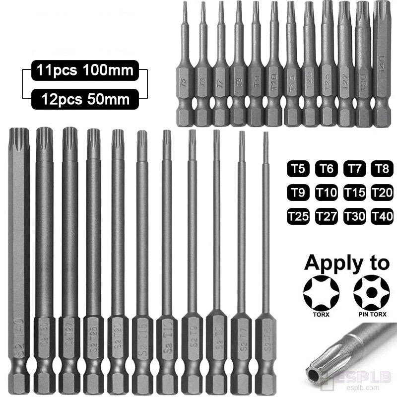 ESPLB 11pcs 100mm /12pcs 50mm 1/4" Hex Bits Driver Tamper Proof Security Drill Magnetic Bit Set Torx Screwdriver Flat Head