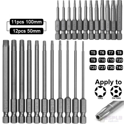 ESPLB 11pcs 100mm /12pcs 50mm 1/4" Hex Bits Driver Tamper Proof Security Drill Magnetic Bit Set Torx Screwdriver Flat Head
