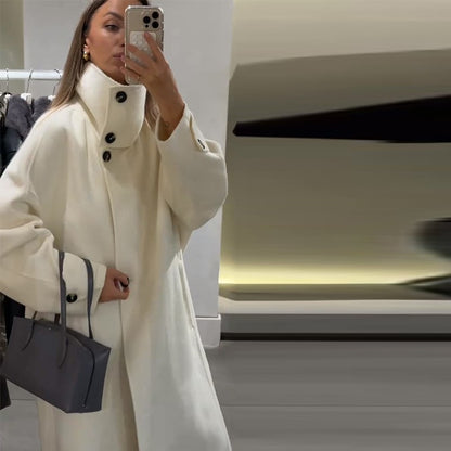 Elegant Women's Overcoat Stand Collar Single Breasted Full Sleeve Solid Female Long Coats 2025 Autumn Fashion Chic Lady Outwear
