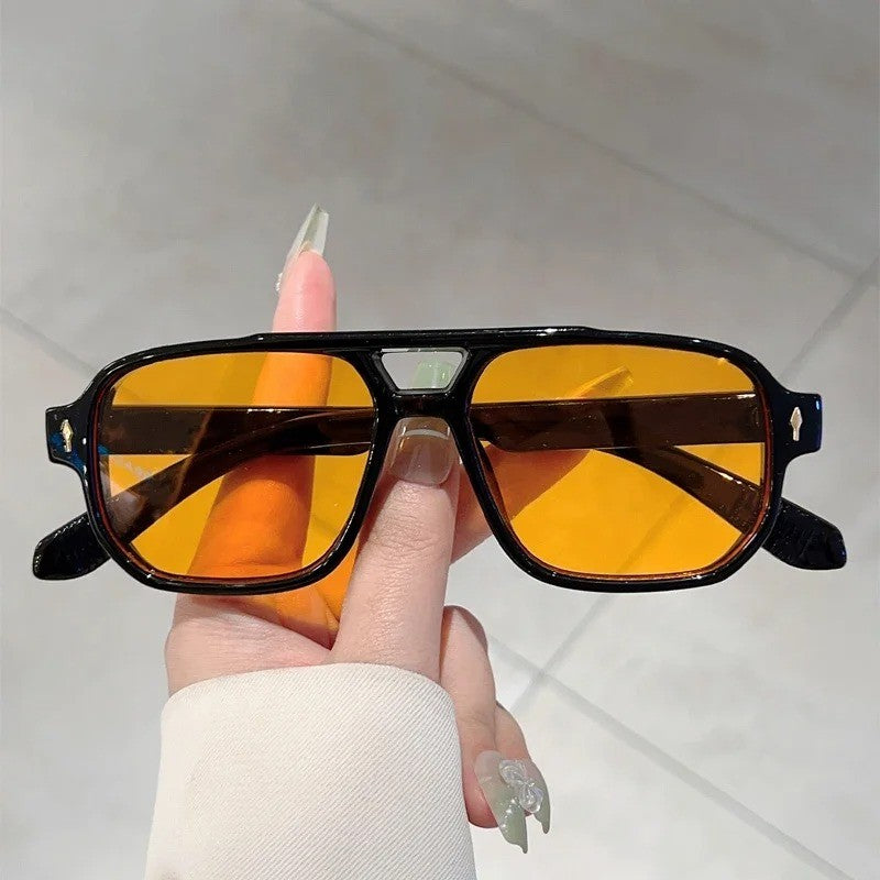 Óculos de Sol Quadrados Masculinos Vintage com Dupla Ponte, Lentes Oceânicas Verdes Modernas UV400, Óculos Femininos com Rebites da Moda