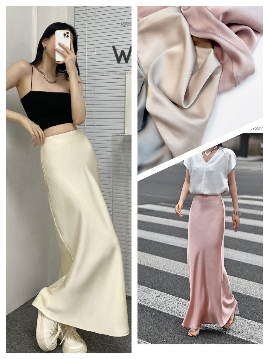 French Style Chic Women's Acetic Acid Satin Flowy High Waist Hip Hugging Skirt for Spring/Summer Fishing Tail Skirt A-line Skirt