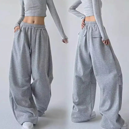Calça Esportiva Cinza de Cintura Alta Solta Masculina Feminina Casual Perna Larga Calças Estilo Primavera Outono Confortável Moletom Roupa de Trabalho