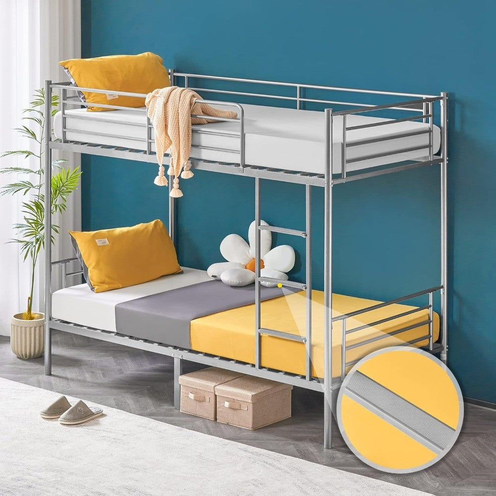 Metal Bunk Bed Twin Over Twin, Heavy Duty Bunk Bed with Flat Steps for Kids, Teens & Adults, Gray