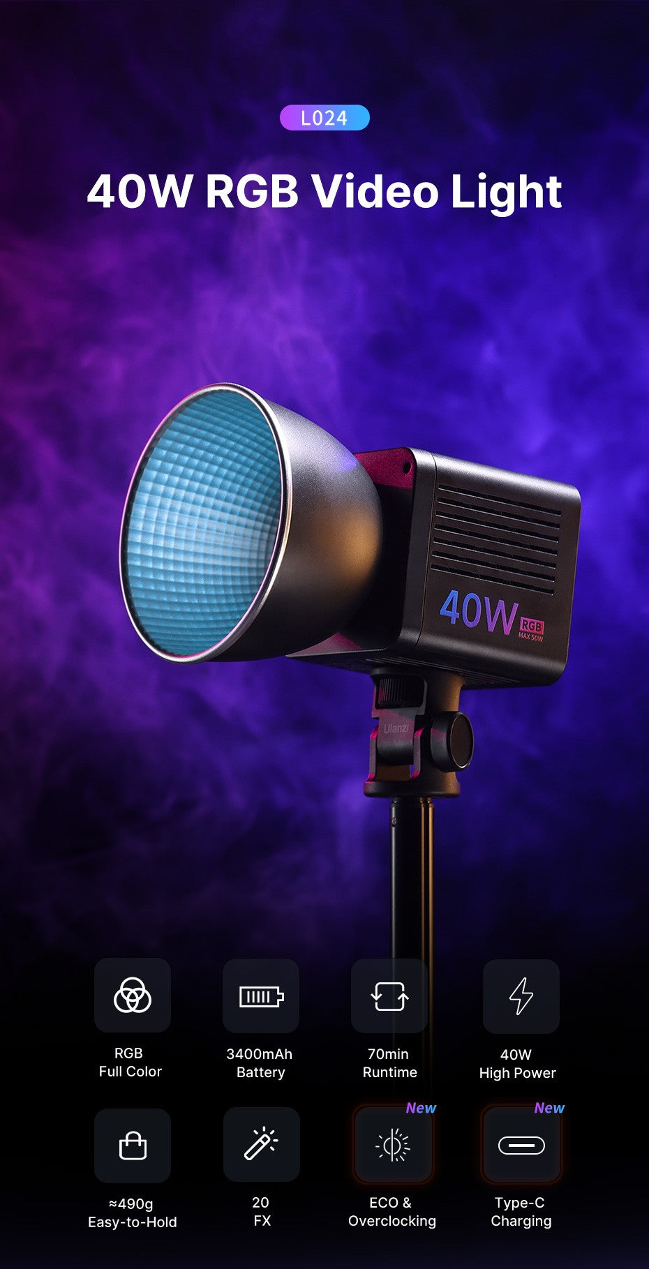 Ulanzi L024 Luz de Vídeo RGB 40W 2500-6500K Bicolor 0-359° Luz COB RGB Mini Montagem Bowens Luz de Preenchimento 3400mAh Luz COB