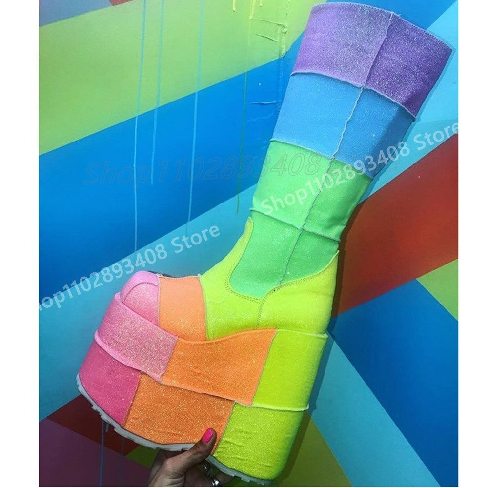 Lolita Cosplay Mutilcolor Thickness Mid Calf Boots Platform Wedges High Heel Women Shoes 2025 Fashion Sexy Zapatos Para Mujere