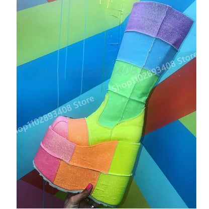 Lolita Cosplay Mutilcolor Thickness Mid Calf Boots Platform Wedges High Heel Women Shoes 2025 Fashion Sexy Zapatos Para Mujere