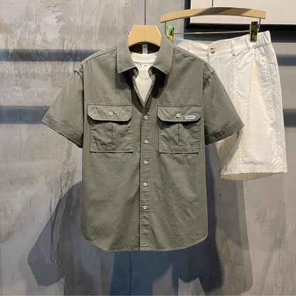 Men Trendy Vintage Lapel Pockets Casual Streetwear Cargo Shirts Summer Youth Solid Short Sleeve Loose Tops Camisas De Hombre