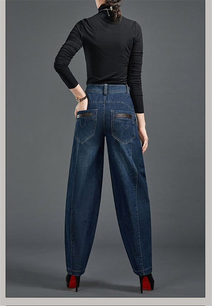 Autumn Winter High Waisted Women Jeans Casual Loose Embroidery Bloomers Trousers Female Fashion Wide Leg Denim Pants Blue