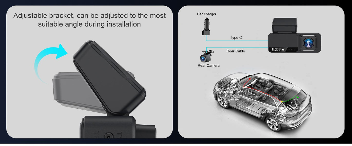 Kocam Dash Cam 4K 3,2 polegadas Mini Carro DVR Lente Dupla Com GPS WIFI ADAS Estacionamento 24h Câmera de Ré 2.5K Visão Noturna Caixa Preta