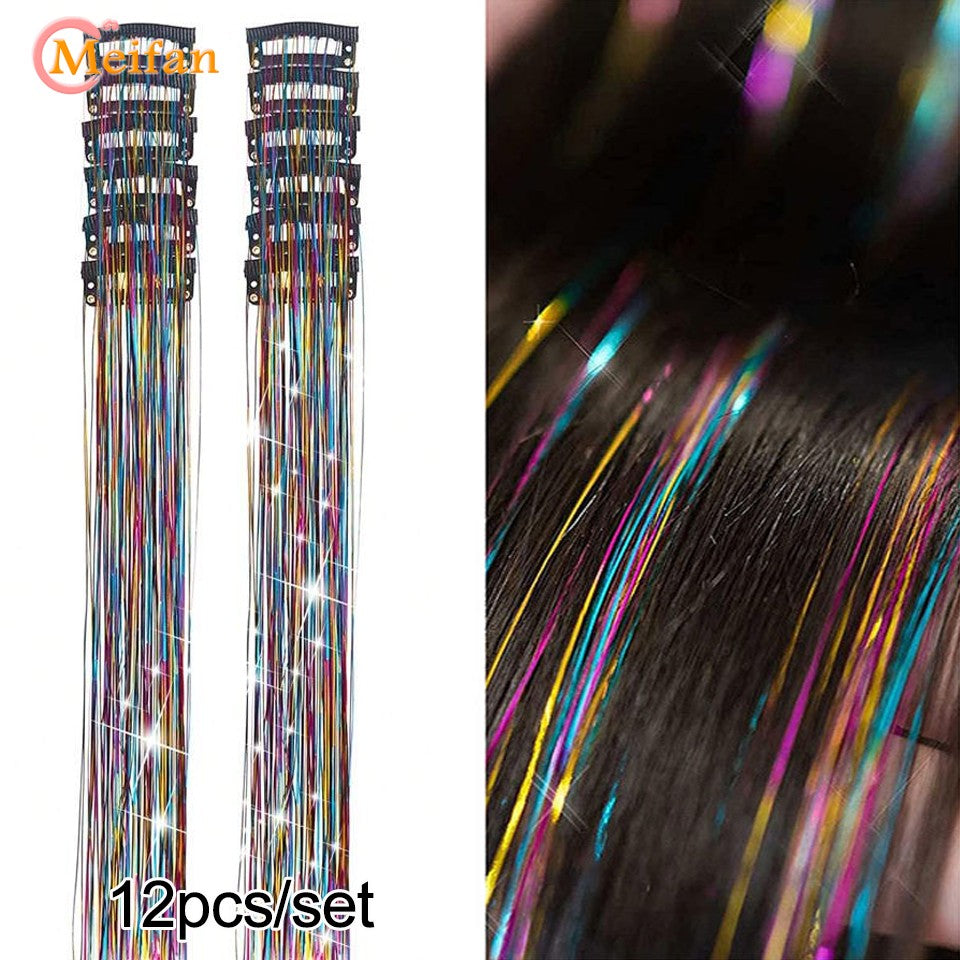 12 Peças/conjunto de Extensões de Cabelo Colorido com Glitter, Presilha de Cabelo Sintética Brilhante e Cintilante, Acessórios de Cabelo para Festas