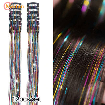 12 peças/conjunto de enfeites de cabelo com presilha, extensões de cabelo sintéticas brilhantes cintilantes, acessórios de cabelo para festa com efeito fada