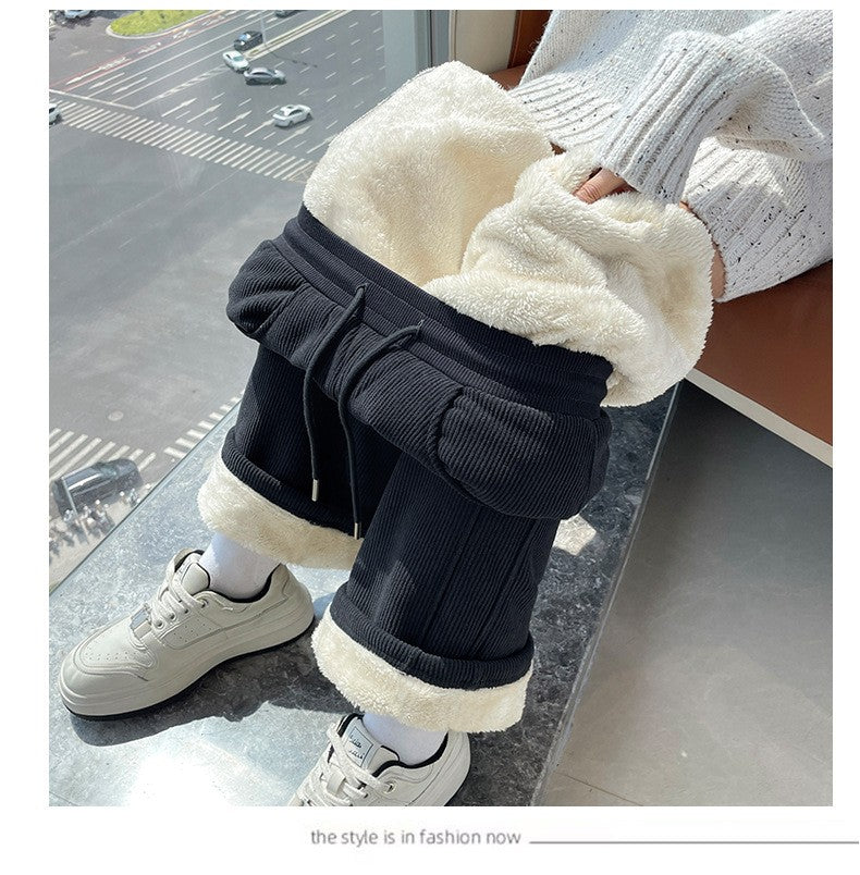 High Waist Warm Trousers Fashion Winter Fleece Thickened Women's Pants Solid Color Loose Elastic Waist Straight Casual Pants