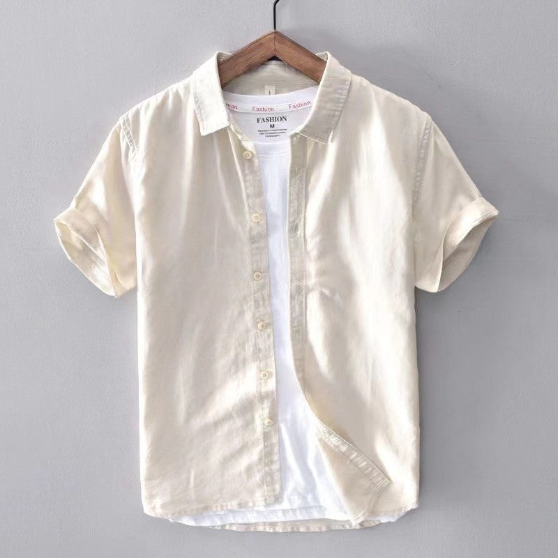 High Quality Cotton Linen Men's Summer Fashion Shirt Solid Color Simple Casual Short Sleeve Blouses Basic Thin Breathable Tops
