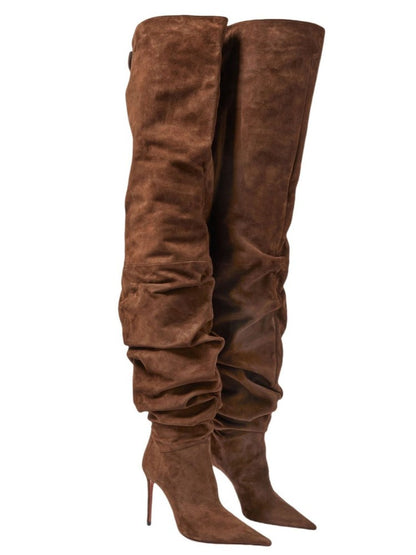 Women's New Pointed Pleated High-heeled Knee High Boots, Autumn and Winter Suede Thigh Boots, Women's Plus Size Stacking Boots