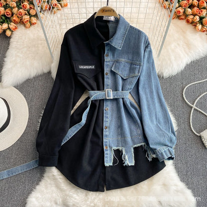 Slimming Denim Patchwork Lapel Dress Autumn Waist-fitted Medium-length Shirt