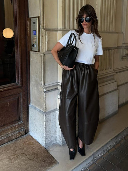 Street PU Leather Bloomers Women Elastic Waist Hip Hop Wide Leg Pants Street Balloon Lace Up Jogger 2025 Autumn New Casual Pant