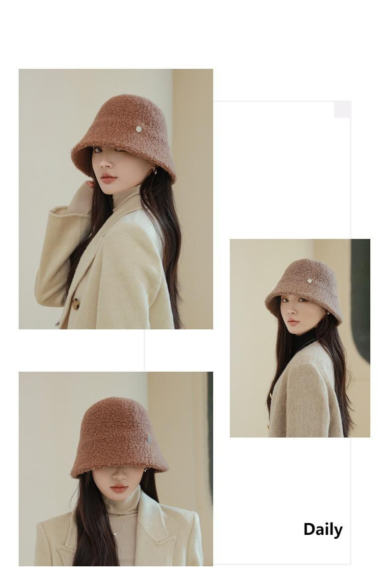 Chapéu Bucket Feminino Outono Inverno Lã Aba Larga Quebra-Sol Bob Cap Manter Quente Casual Vintage Acessórios de Chapéu Feminino