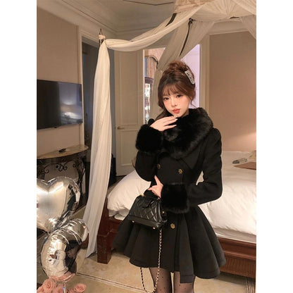 Vintage Black Wool Blends Coats Women Elegant Faux Collar Woolen Jacket Korean Long Sleeve Outerwears Winter Design Overcoat New