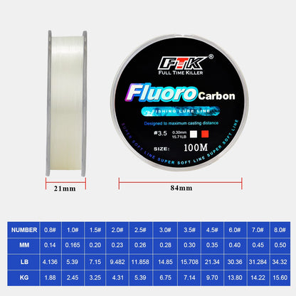 Linha de Pesca FTK 100M com Revestimento de Fluorocarbono 0.14mm-0.5mm 4.13LB-34.32LB Linha Monofilamento de Fibra de Carbono Linha de Pesca de Carpa Sinking Line