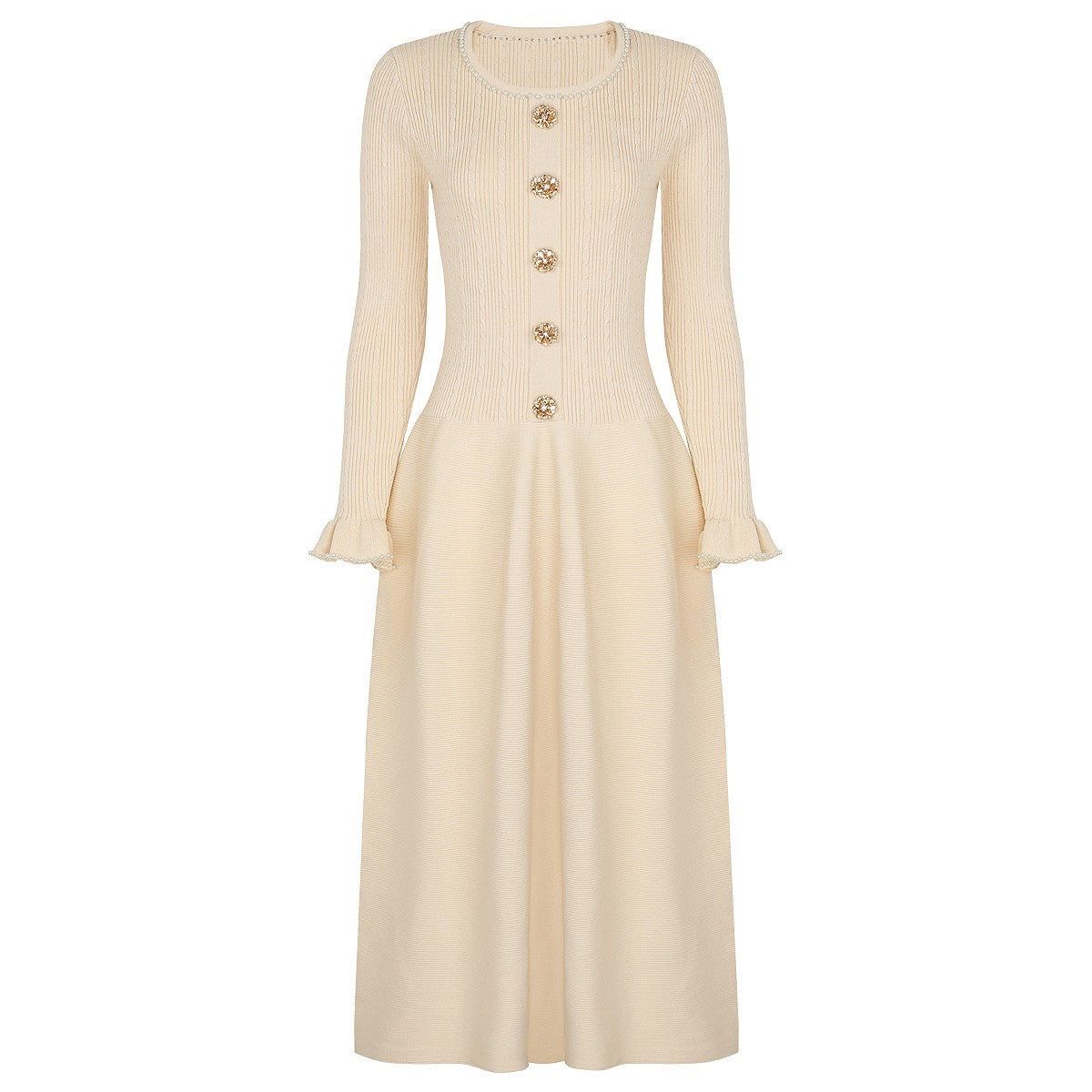 High Quality Spring And Autumn New Fashion Knitted Heavy Industry Pearl Slim Fit And Slimming Round Neck Long Sleeved Dress