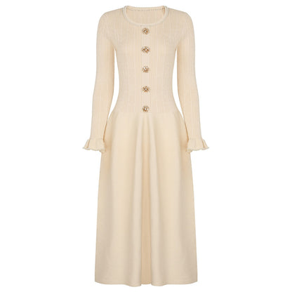 High Quality Spring And Autumn New Fashion Knitted Heavy Industry Pearl Slim Fit And Slimming Round Neck Long Sleeved Dress