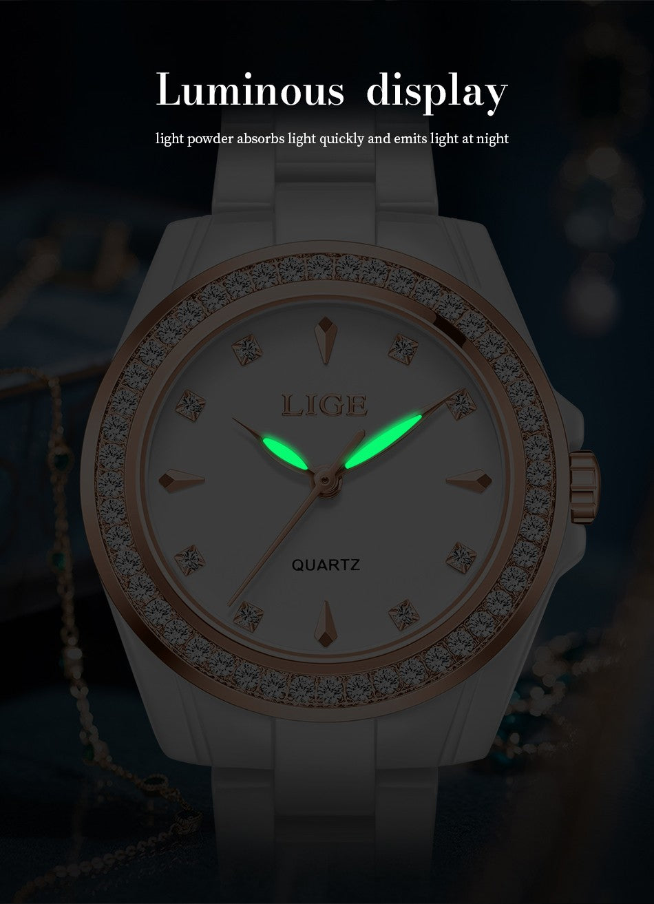 LIGE Fashion Elegant Watch for Women Ceramics Strap Diamond wristwatch Luxury Ladies Bracelet Quartz Watches Gifts Reloj Mujer