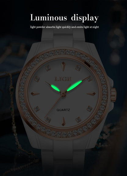 LIGE Fashion Elegant Watch for Women Ceramics Strap Diamond wristwatch Luxury Ladies Bracelet Quartz Watches Gifts Reloj Mujer
