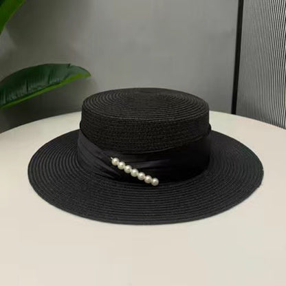2024 Verão Francês Elegante Chapéus De Palha De Praia Para Mulheres Viseira Boné Ajustado Aba Jazz Viagem Pérola Feminino Casual Chapéu Panamá Quepe