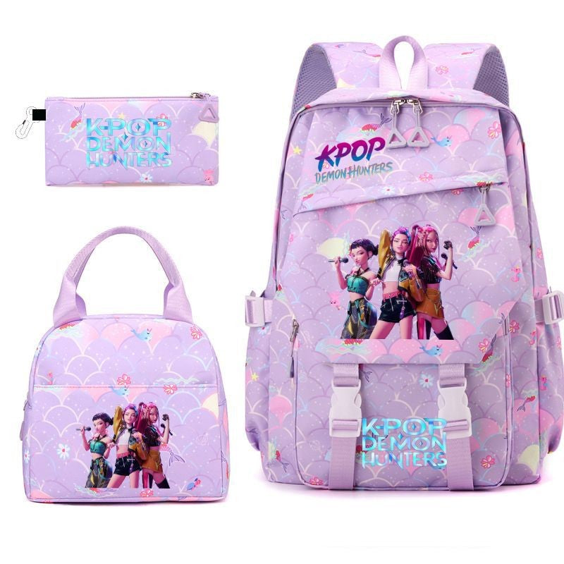 3pçs Mochilas K-pop Demon Hunters Desenho Animado Anime Escolar com Lancheira Mochilas Infantis Impermeáveis Presentes para Aluno