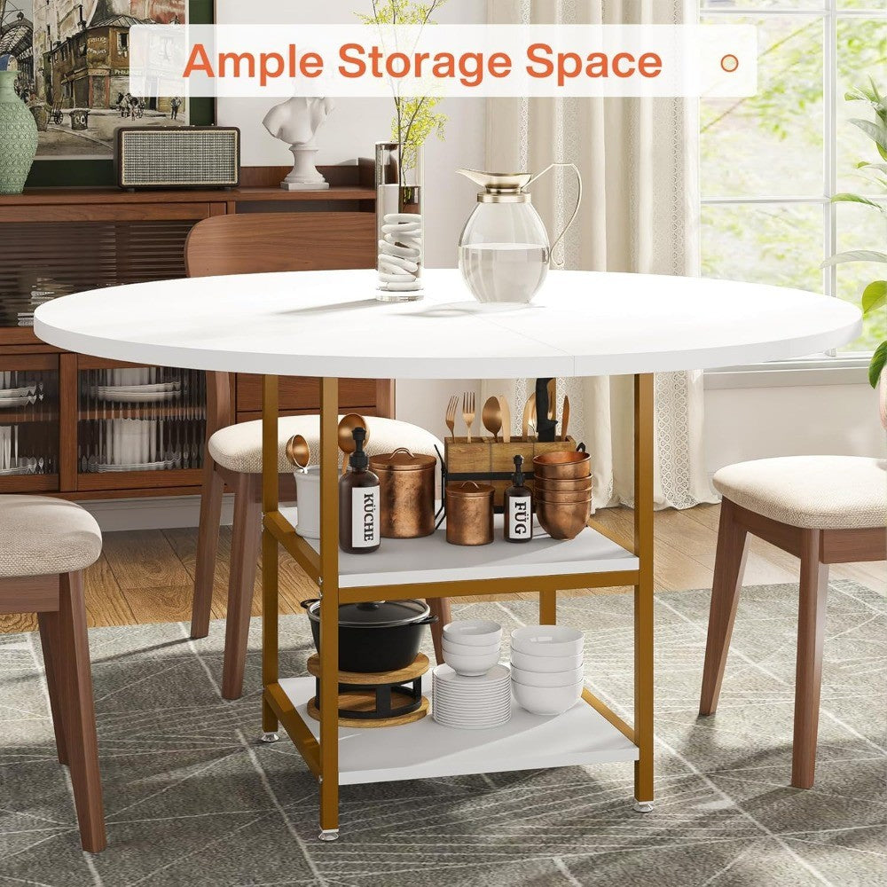 Golden 47 Round Dining Table for 4 with 2-Tier Storage for Kitchen