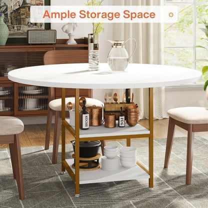 Golden 47 Round Dining Table for 4 with 2-Tier Storage for Kitchen