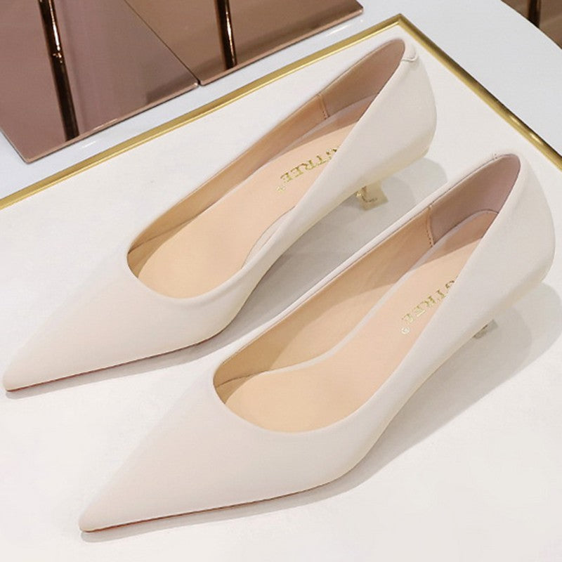 New Big Size Women's Boat Shoes Leather 4.5cm High Heels Pointed Toe Pumps Stilettos Basic Pump For Female White Black Wine Red