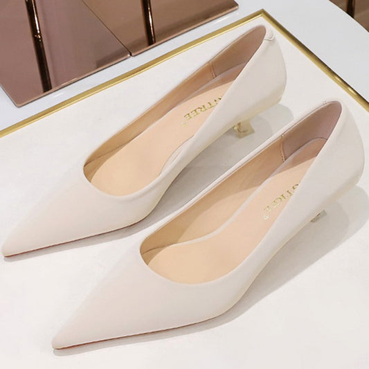 New Big Size Women's Boat Shoes Leather 4.5cm High Heels Pointed Toe Pumps Stilettos Basic Pump For Female White Black Wine Red