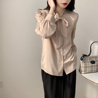 Bow Tie Chiffon Shirts Casual Long Sleeve White Blouse Women's Elegant Business Loose Blouses Ladies Spring and Autumn Chic Tops
