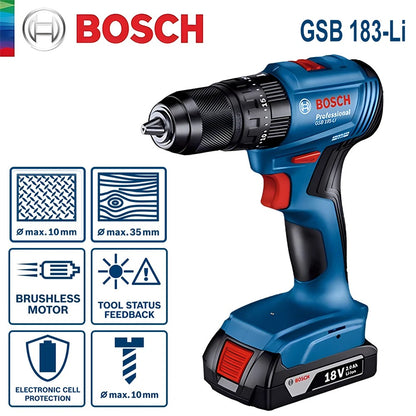 Bosch GSB 183 Parafusadeira Furadeira de Impacto a Bateria Sem Escovas 56Nm Torque Ferramentas Elétricas Multiuso para Madeira Pedra Metal
